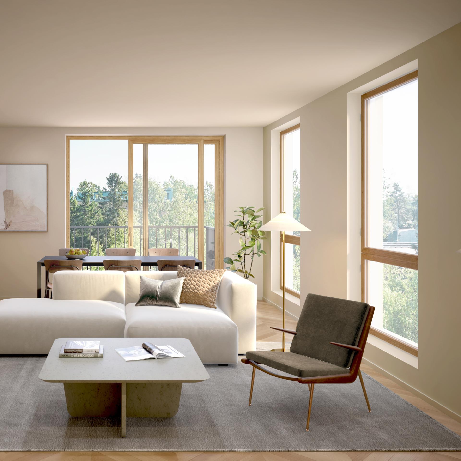 Vaalea, valoisa N&B-malliasunto