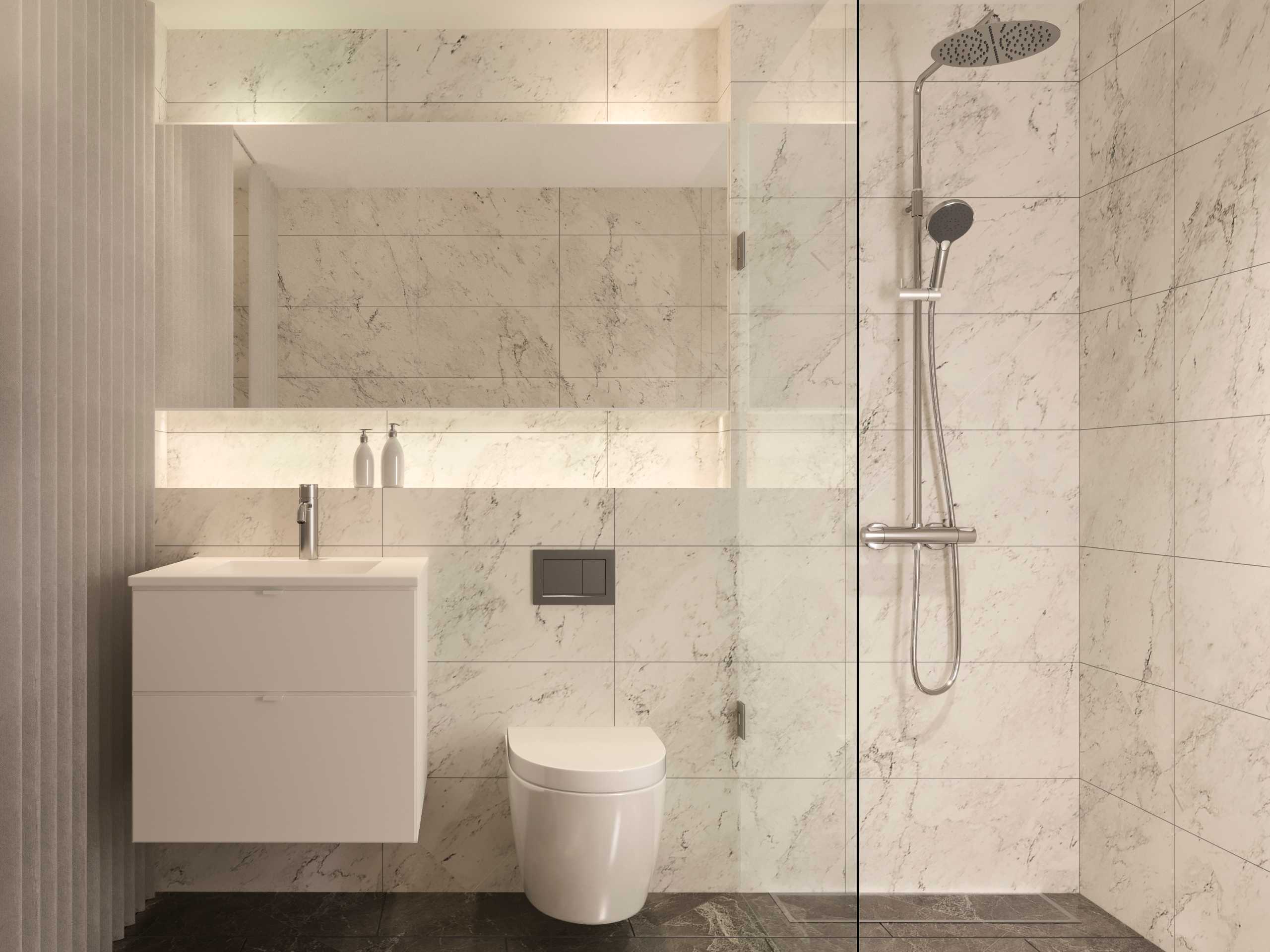 Valkoinen kylpyhuone, jossa musta laattalattia