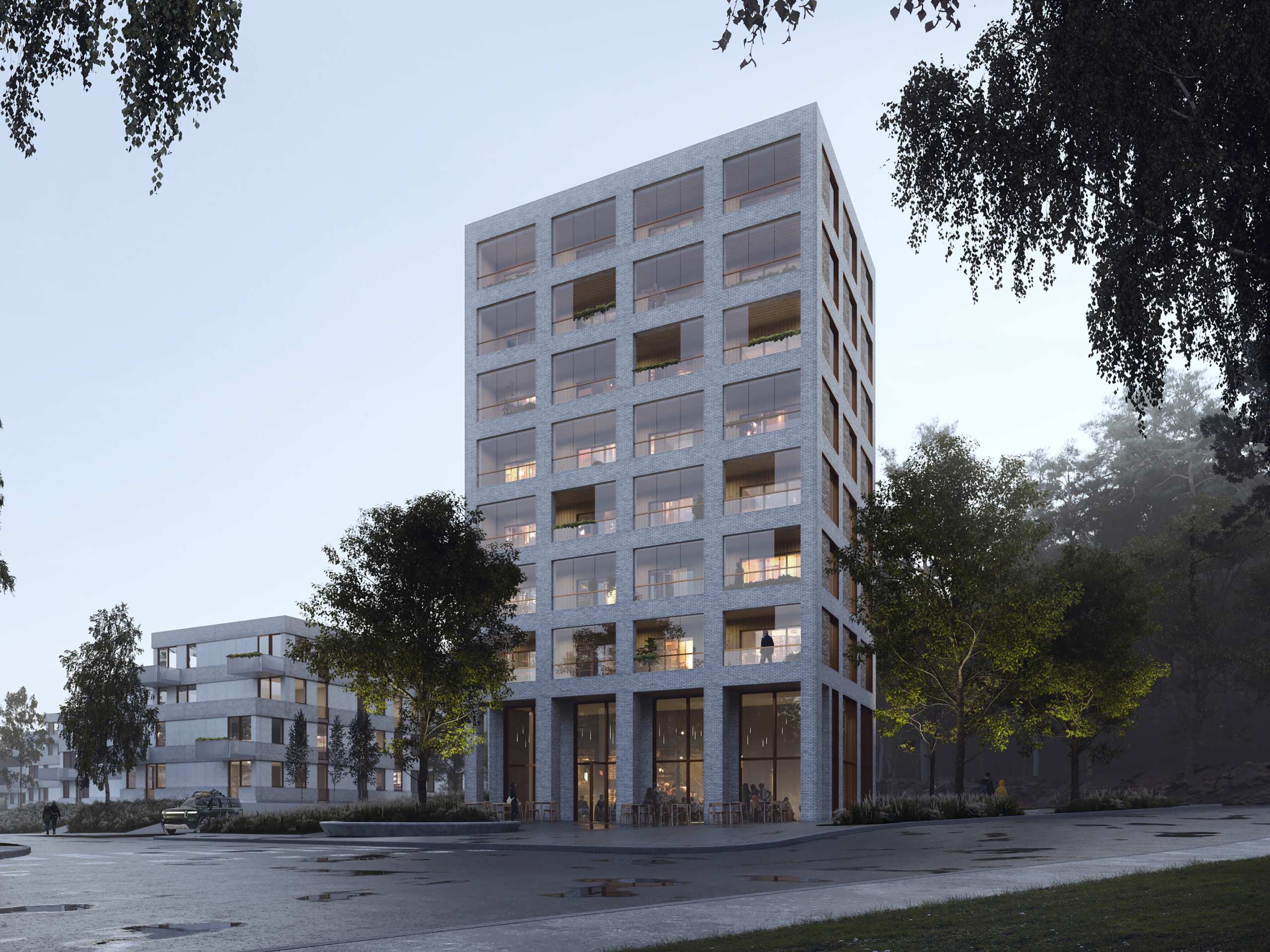 Lehtisaaren Torni iltavalaistuksessa