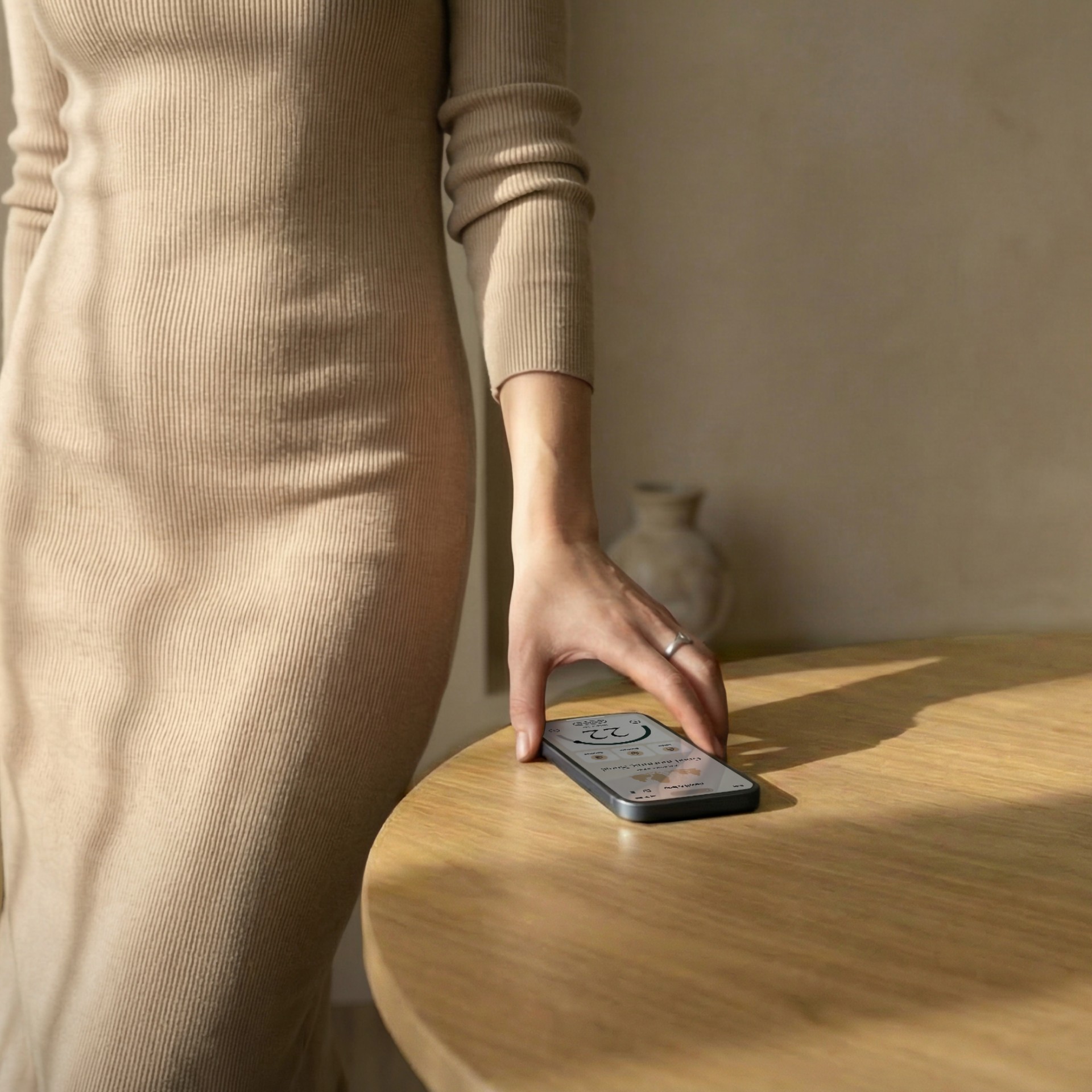 A woman using a smartphone on a wooden table, with the screen showing the new N&B mobile app in a modern, minimalist interior.